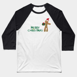 Merry Christmas logo with Yellow star, gingerbread man cookie wearing santa hat,  holding gift on white background Baseball T-Shirt